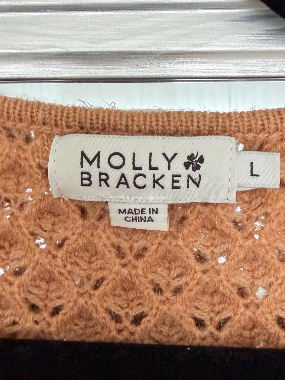 Molly Bracken Textured Popcorn Open Knit Drawstring Sweater Large Camel Apricot - Picture 7 of 9